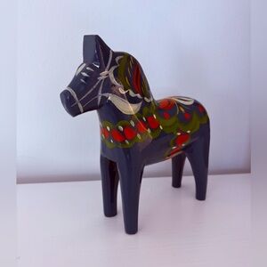 Vintage 1960s Nils Olsson Blue Dala Horse Hand Painted Swedish Folk Art 5.5 in